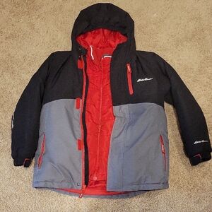 Eddie Bauer Kids Black and Gray Puffer with Red Details